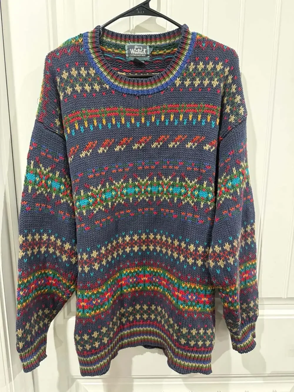 Vintage Woolrich Handframed Ramie Cotton Fair Isle Grandpa Sweater L Made HK